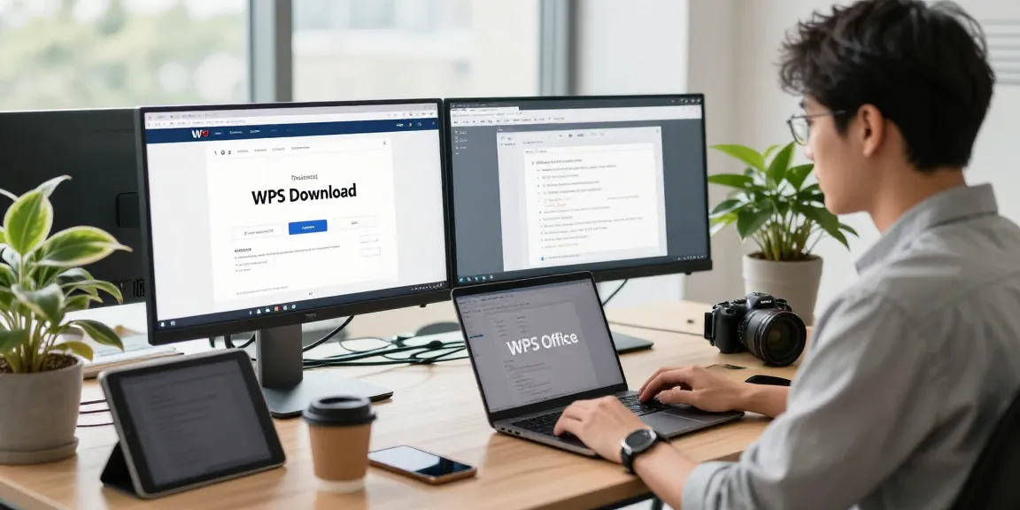 Professional workspace with WPS Download webpage on display, showcasing modern tech setup.
