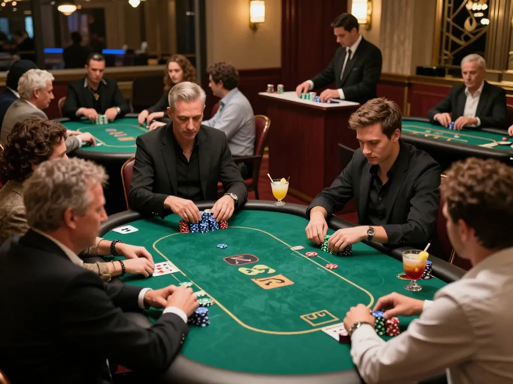 Players engaging in a thrilling poker game at a ritzy casino, showcasing strategic gameplay and rikbet action.