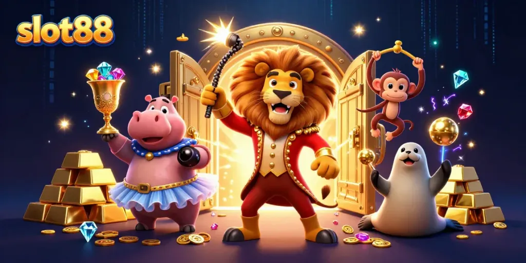 Experience thrilling jackpots with slot88 in a vibrant 3D circus casino scene filled with treasures.