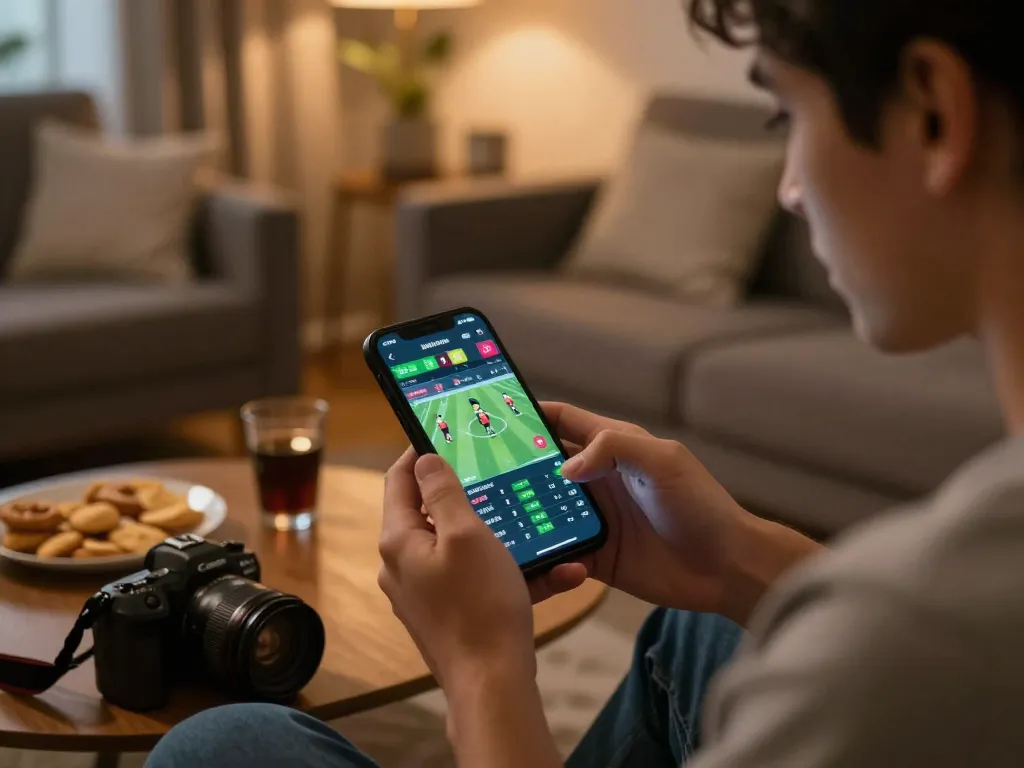 Engaging bettor analyzing kèo nhà cái odds on smartphone during a cozy home betting session.