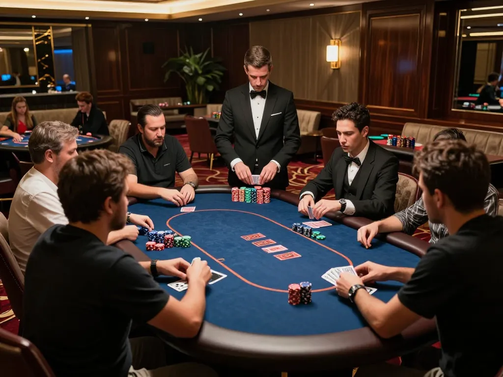 Players at nhà cái tr88 enjoying a high-stakes poker game in a luxurious casino setting