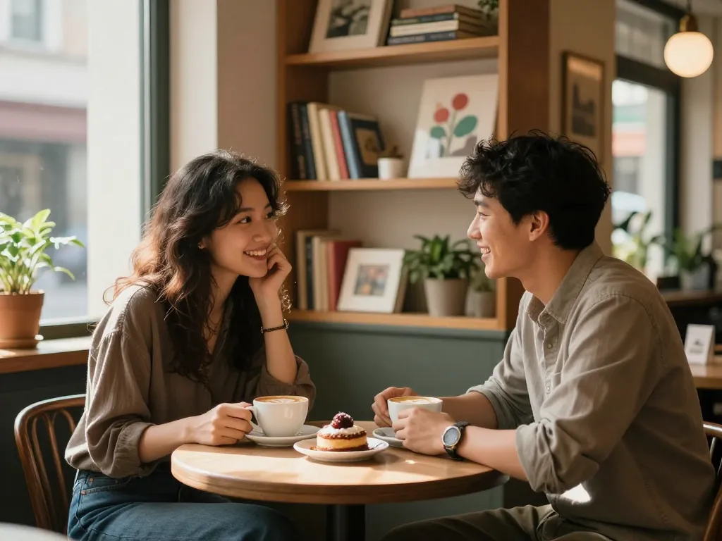Couple in a café enjoying coffee, embodying the warmth of a crush on each other.