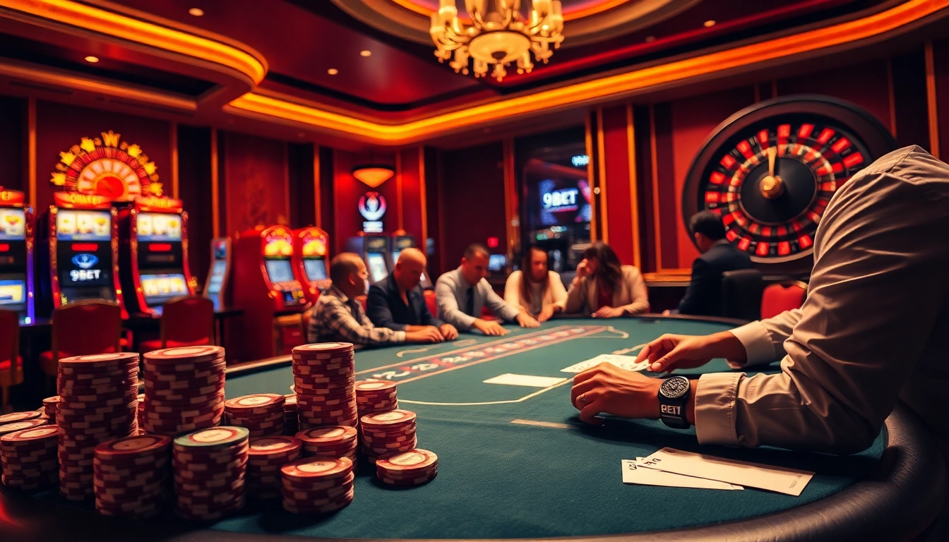 Engaged players in a high-stakes poker game at a 9BET casino table, showcasing excitement and strategy.