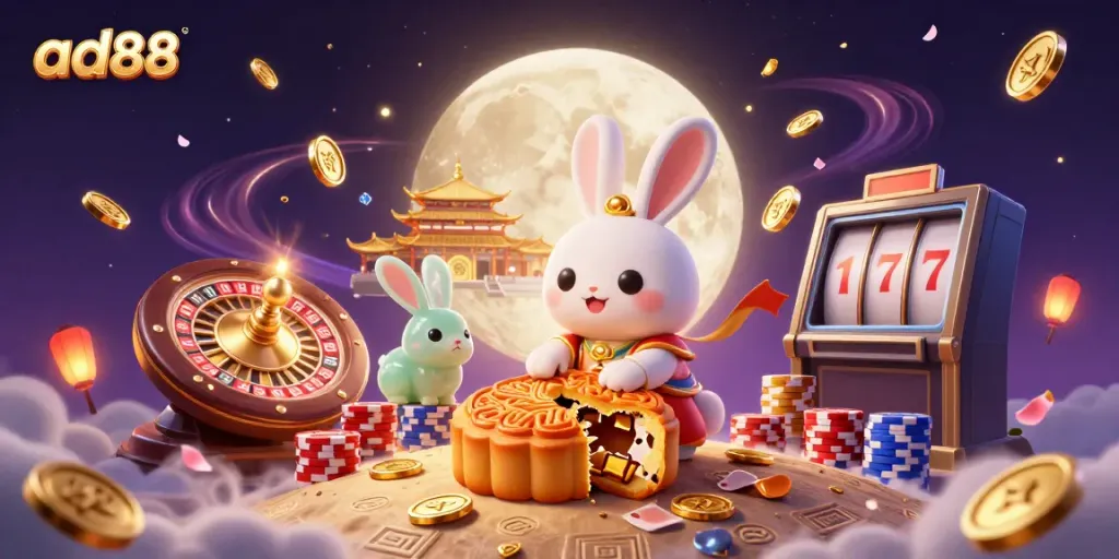 Join the action at ad88 with the moon rabbit cracking open mooncakes revealing poker chips amidst a vibrant casino scene.