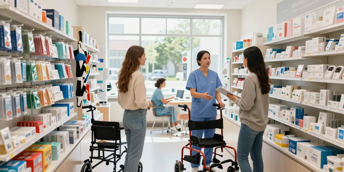 Engaging scene in a medical supply store showcasing various health products and services.