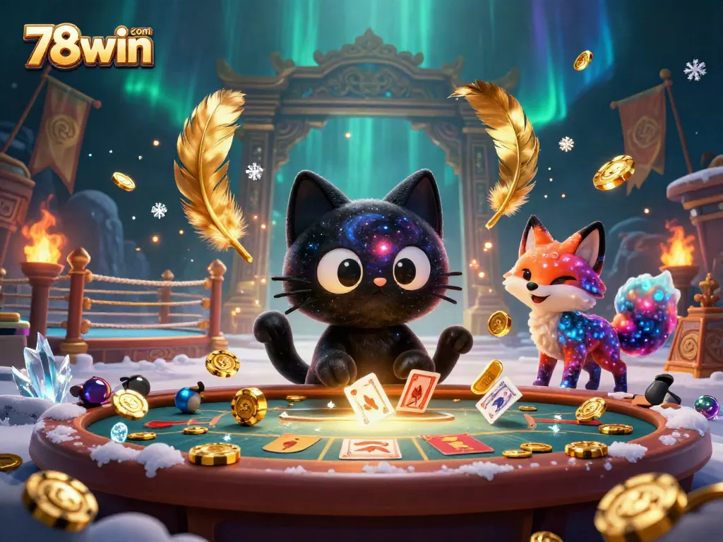 Experience the excitement at 78win com with a cosmic black hole cat and vibrant casino elements.