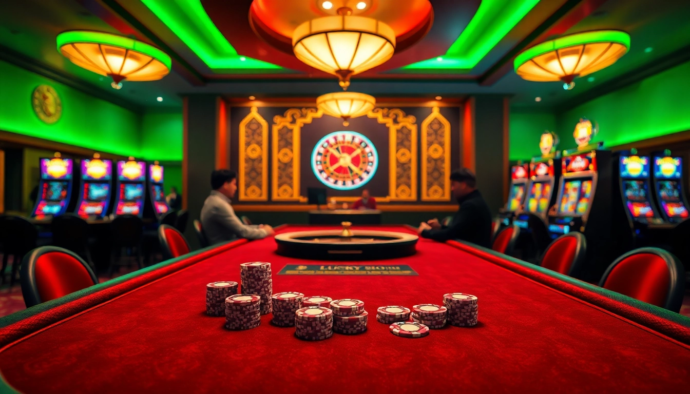 Players enjoying high-stakes games at Lucky88 casino, with vibrant lights and dynamic gaming atmosphere.