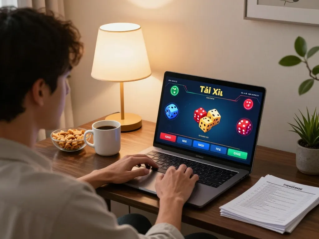 Tai Xỉu online gaming session with vibrant graphics on screen, cozy home environment featuring snacks and strategy notes.