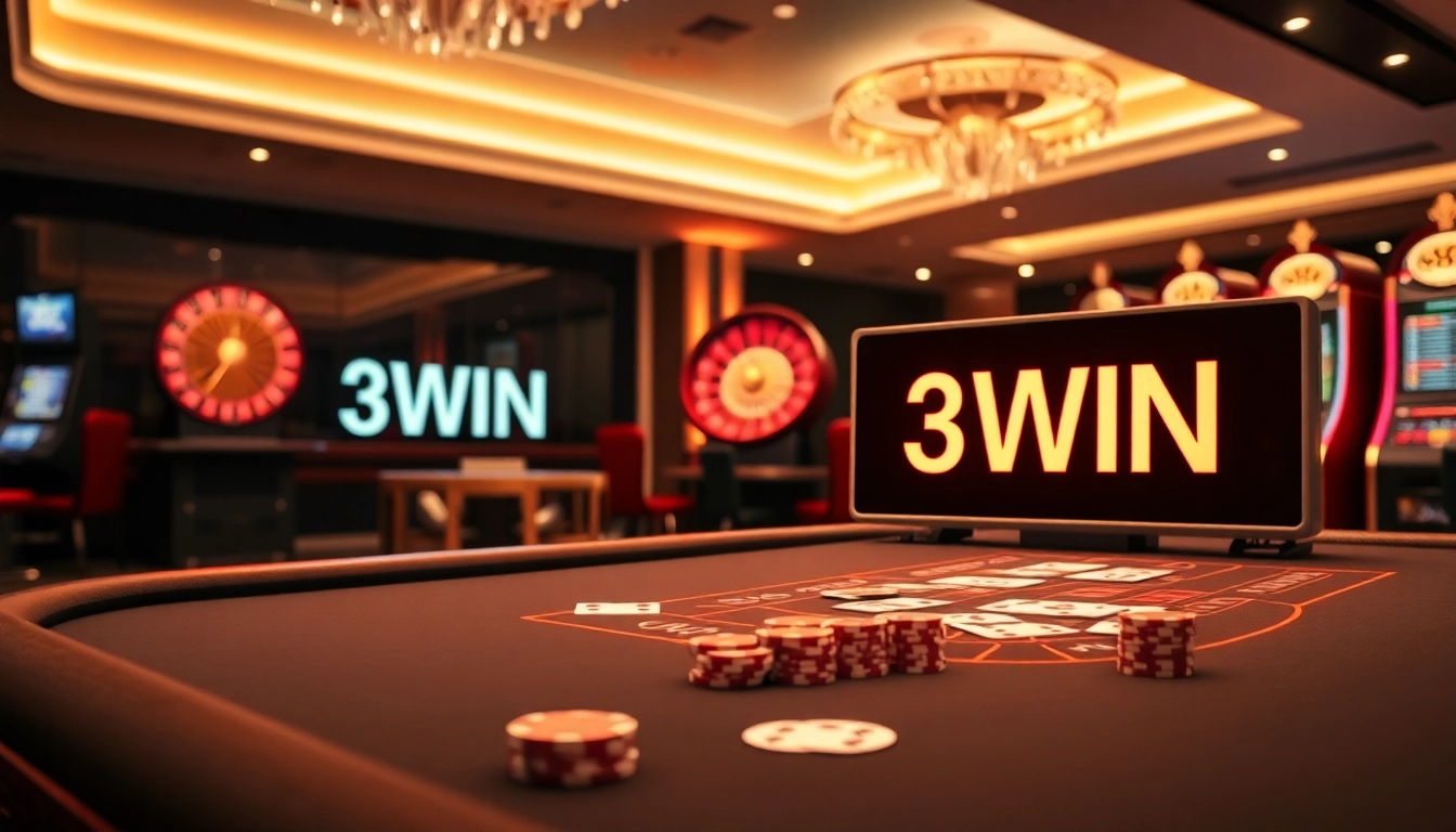 Experience the excitement of winning with the luxurious 3WIN casino scene featuring poker and roulette.