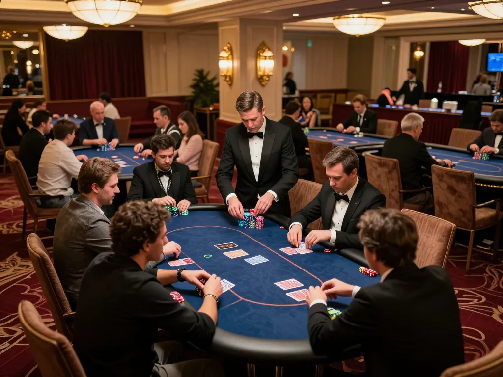 cm88 players engaging in high-stakes poker game amidst luxurious casino setting.