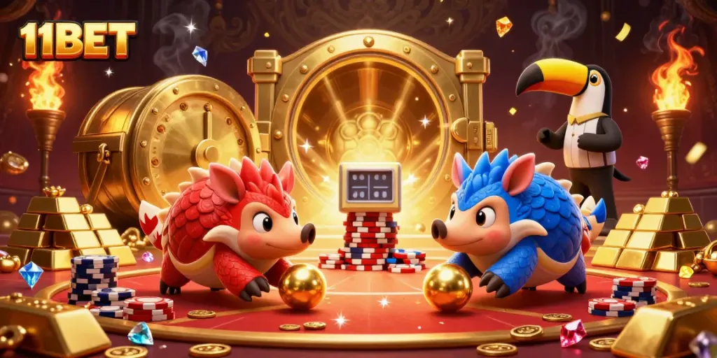 11BET pangolins competing with dazzling casino elements and gold treasures in vibrant 3D scene.