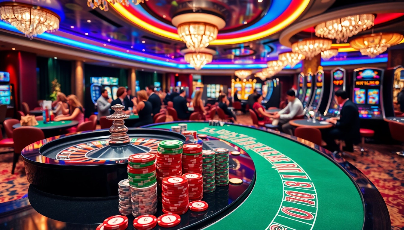 Exciting gambling scene at ku88 casino with players at roulette and poker tables.