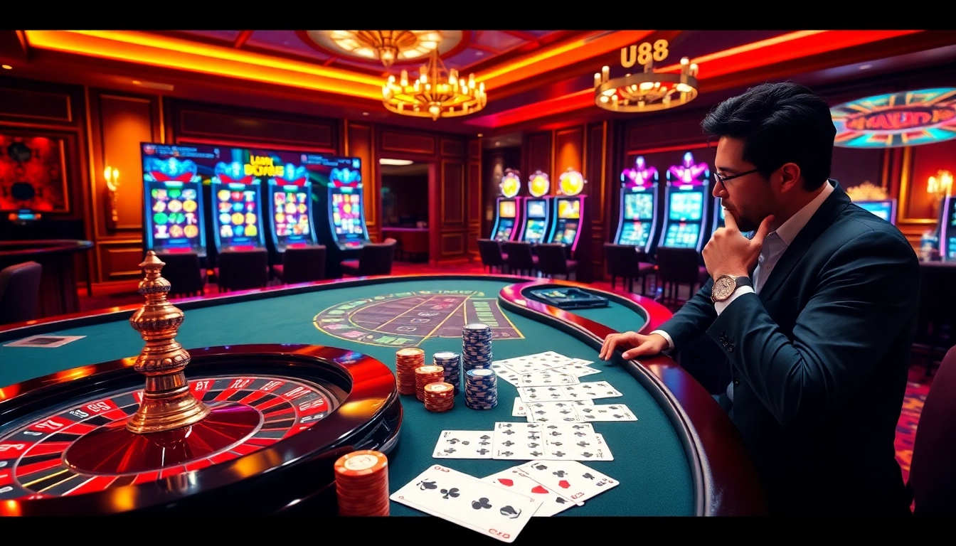Experience the excitement of gambling at U88, featuring casino tables and vibrant poker chips.