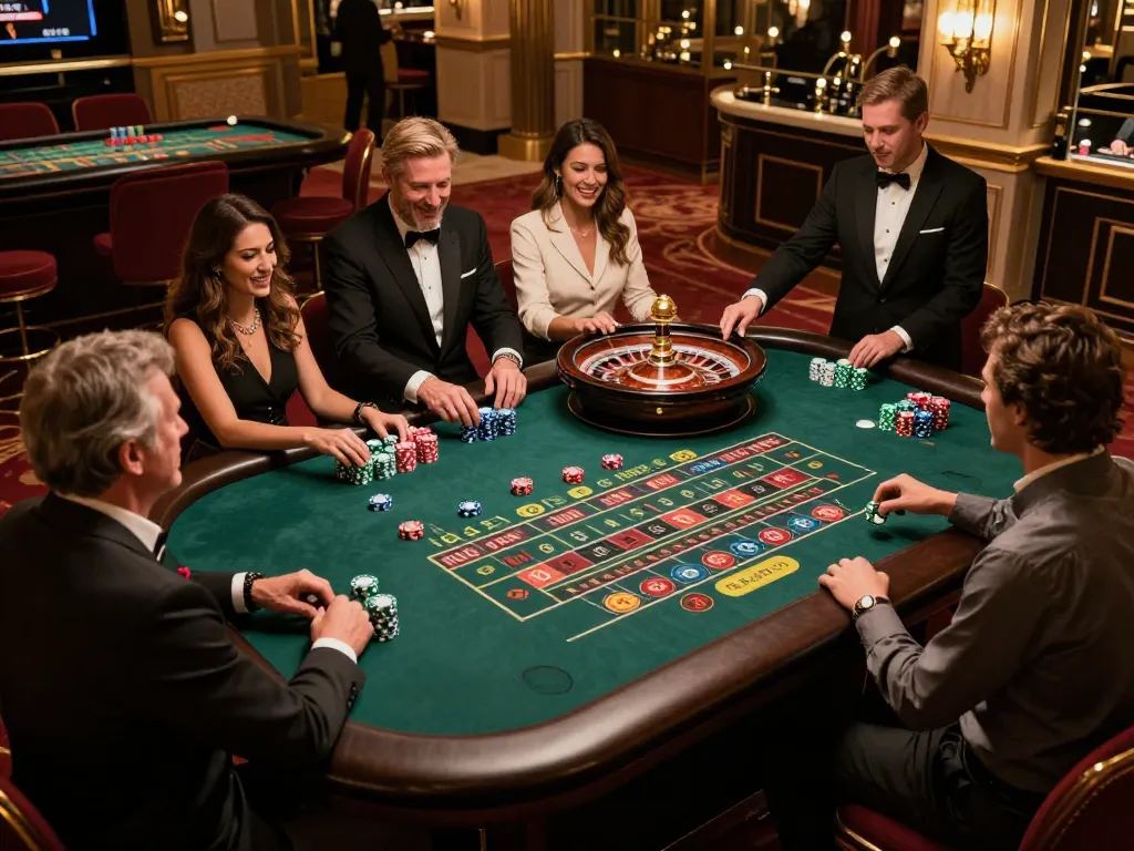 Experience the thrill of LINK FABET at an elegant roulette table, where players engage and bet.