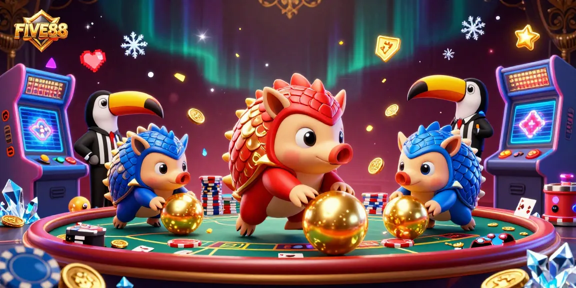 Join the excitement at FIVE88 as cartoon pangolins playfully roll through poker chips in a vibrant casino.