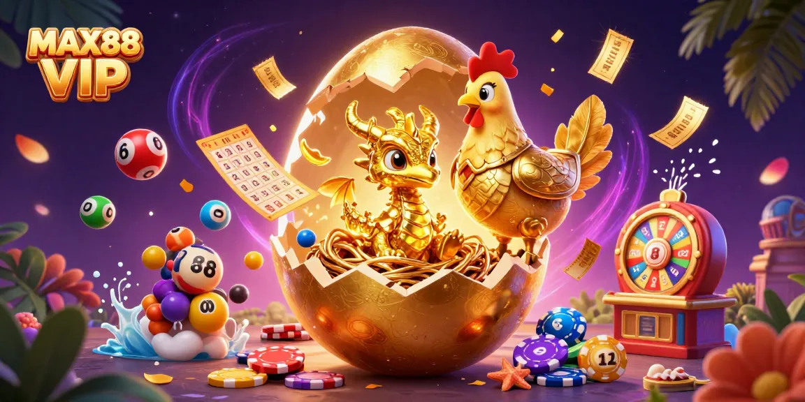 Join the excitement at MAX88 VIP with vibrant lottery balls and golden treasures in this captivating casino scene.