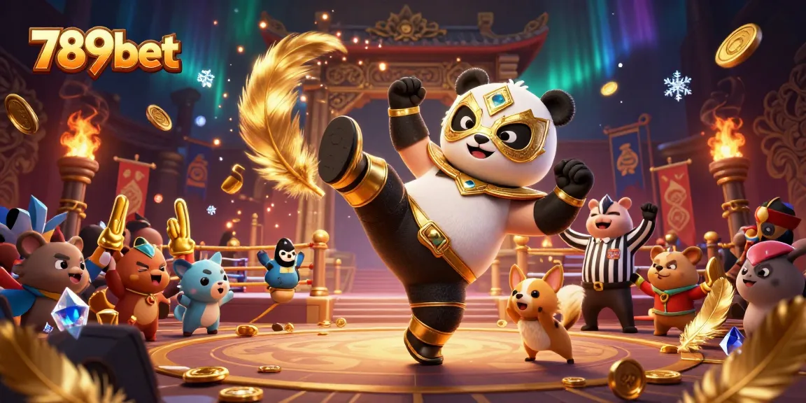 Experience thrilling action at 789bet with a panda wrestler and chihuahua referee in a vibrant casino scene.