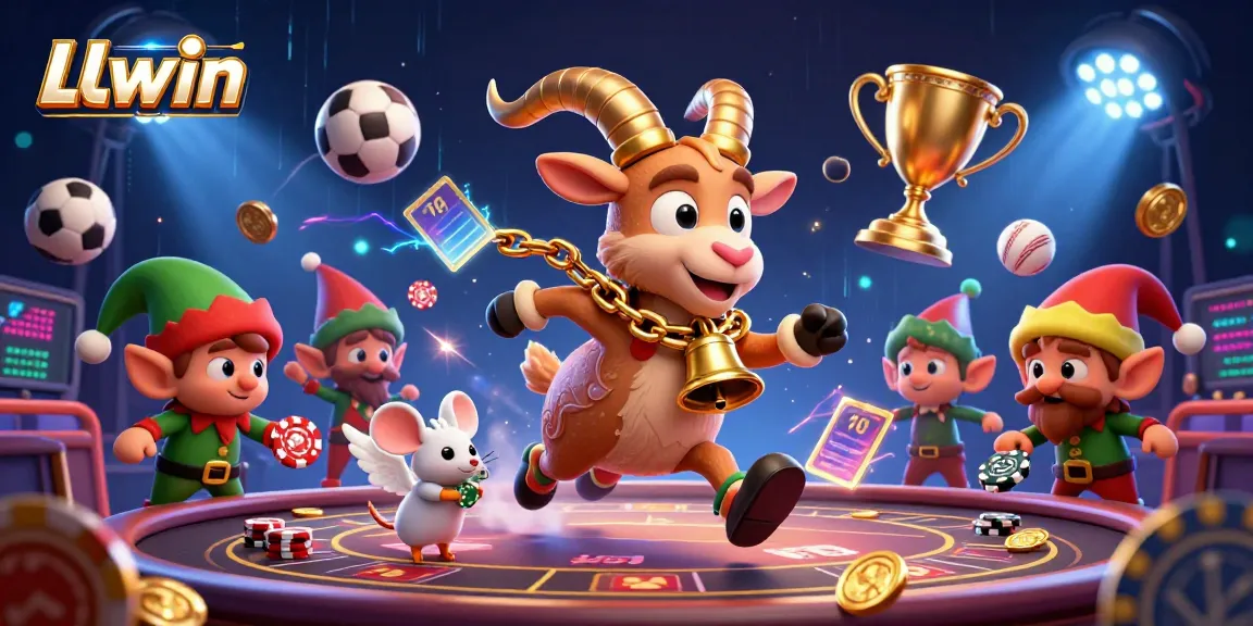 Engage with thrilling gaming at LLwin's vibrant casino, featuring a festive goat and playful gremlins.