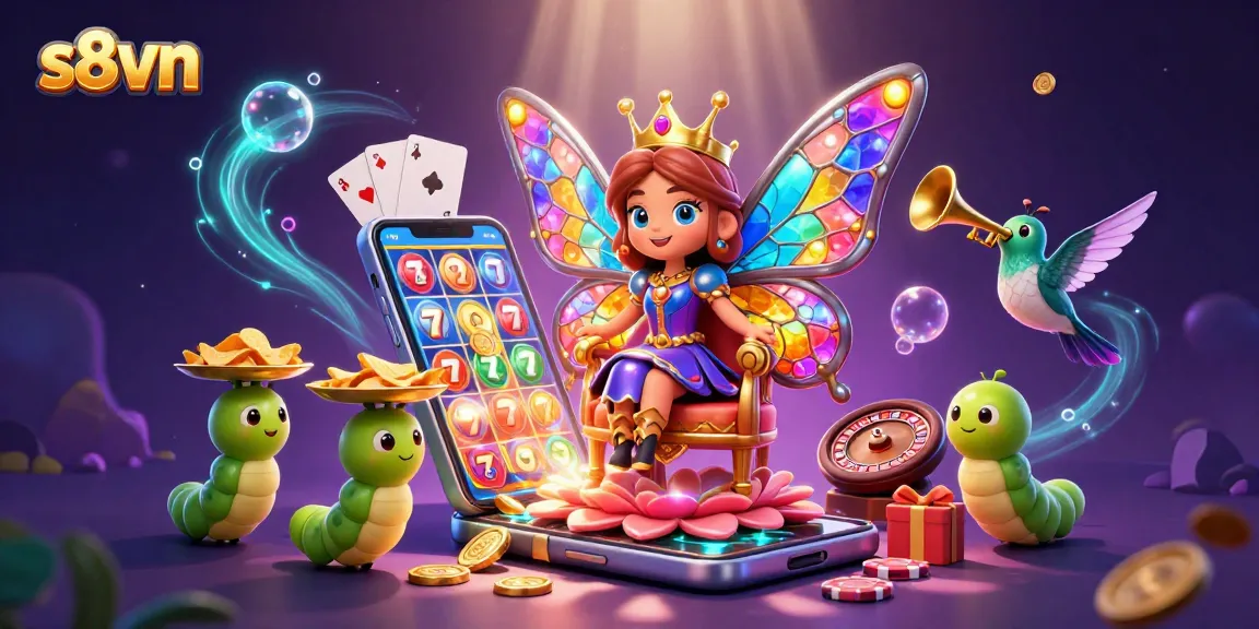 Experience exciting slot games with s8vn featuring a vibrant butterfly queen and dynamic casino elements.