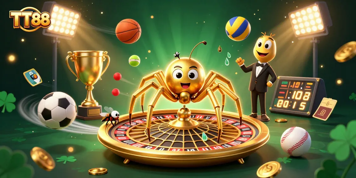 Experience thrilling bets at TT88, where a golden spider spins a roulette web amid sports excitement.