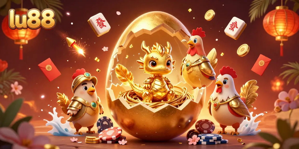 Engage with lu88's vibrant online casino atmosphere, showcasing golden dragon treasures amidst a lively gaming scene.