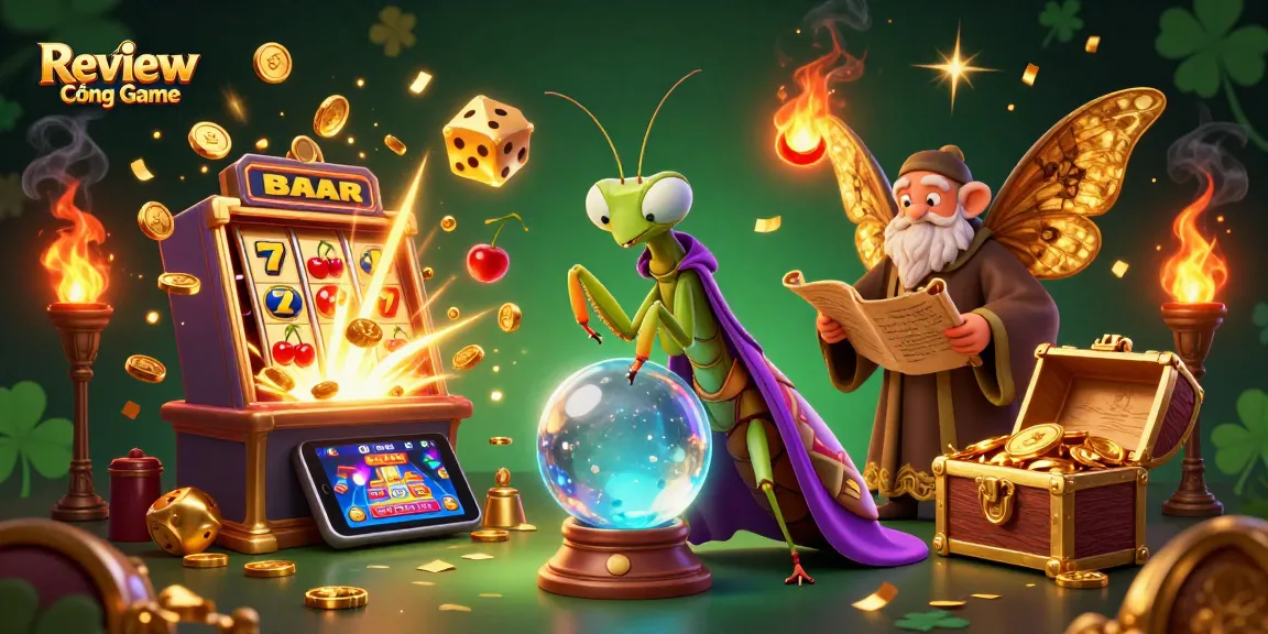 Engage in exciting games with Review Cổng Game featuring colorful slot machines and fortune-telling characters.