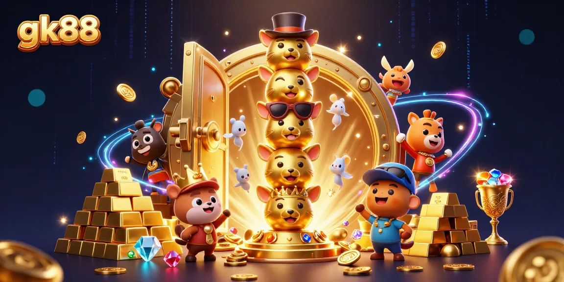 Engage with thrilling games at gk88 online casino featuring vibrant 3D illustration of golden totem and treasures.