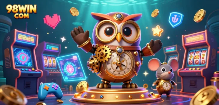 Experience thrilling action with 98WIN COM in an ultra-detailed casino adventure illustration filled with classic and modern gaming elements.