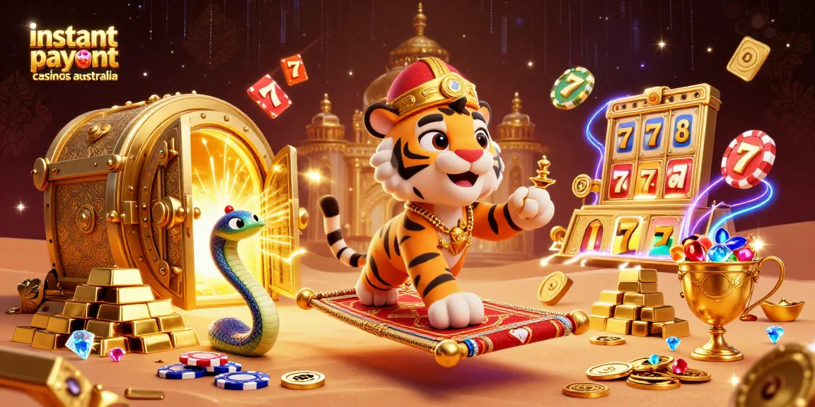 Experience instant payout casinos Australia with a vibrant 3D casino scene featuring characters and elements.