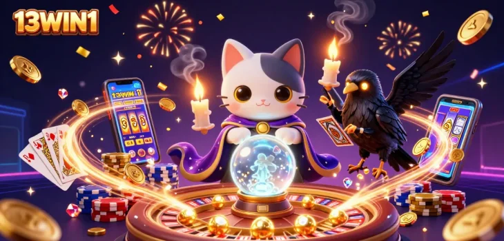 Engage with 13WIN1 in a captivating casino scene filled with fortune tellers, spinning roulette, and golden treasures.