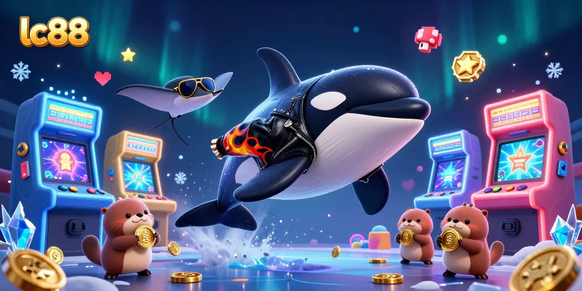 Exciting lc88 online casino scene featuring orca and stingray with coins and game machines.