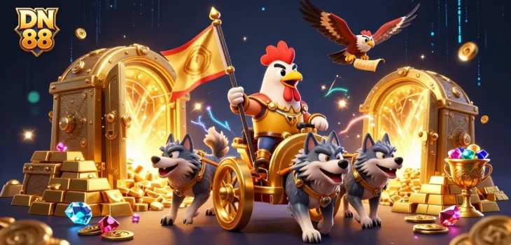 Experience excitement at DN 88 with a vibrant 3D illustration of a rooster warlord and golden treasures.