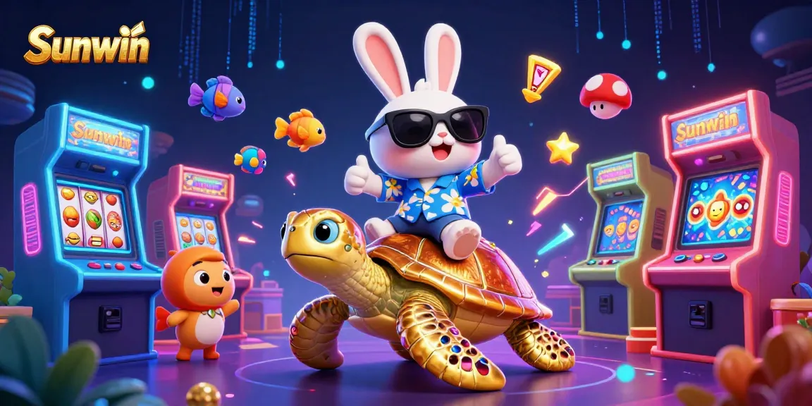 Engage with Sunwin's vibrant casino scene featuring a lucky rabbit and golden turtle.