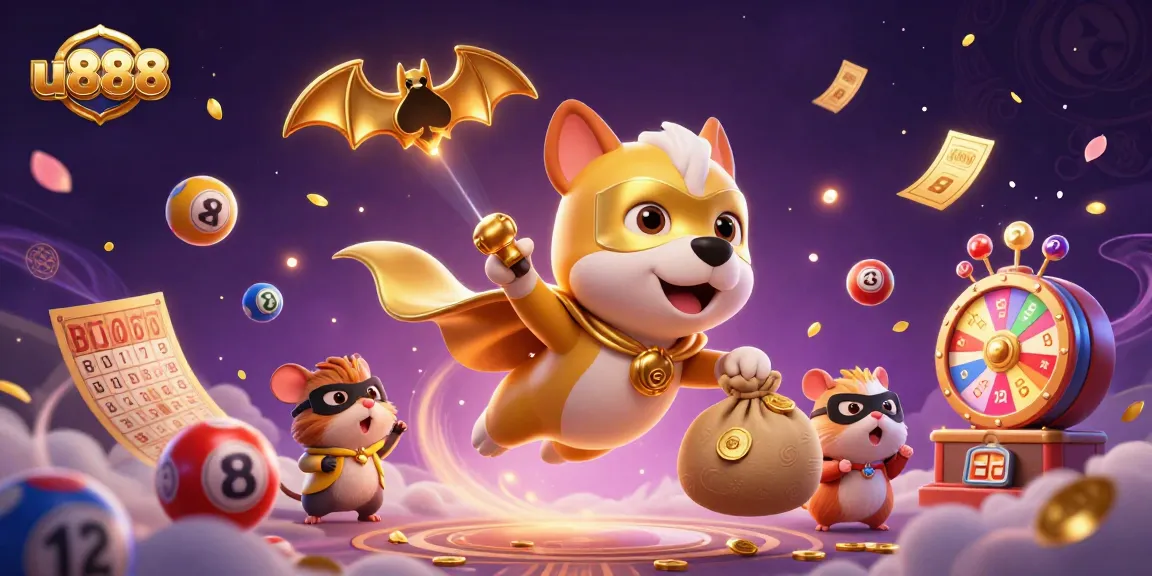 Experience thrilling gaming with u888 as a 3D superhero dog flies over colorful lottery balls and gold coins.