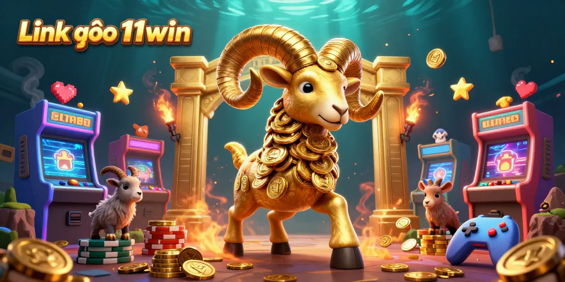 Experience Link vào 11win with golden ram and dynamic arcade game elements in a vibrant casino scene.