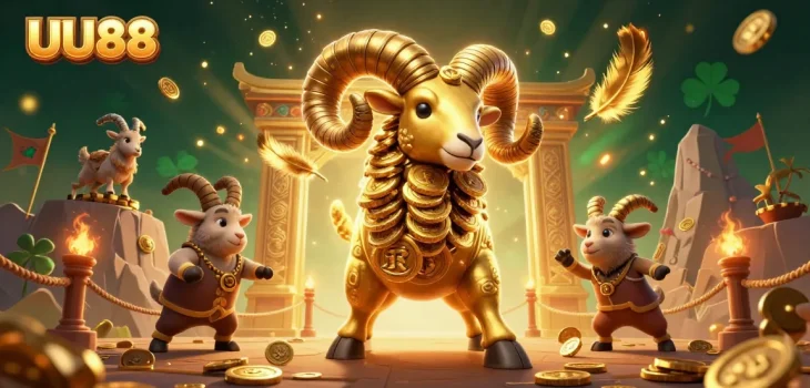 Experience thrilling action at UU88 with a charging golden ram amid dynamic casino elements.