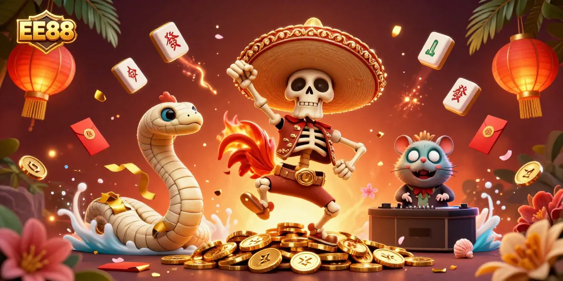 EE88 brings excitement with a vibrant skeleton mariachi rooster dancing on coins and festive game elements.