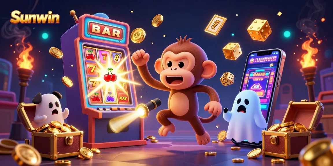 Experience epic gaming with Sunwin's vibrant casino scene featuring a poltergeist monkey and a ghost-hunter puppy.