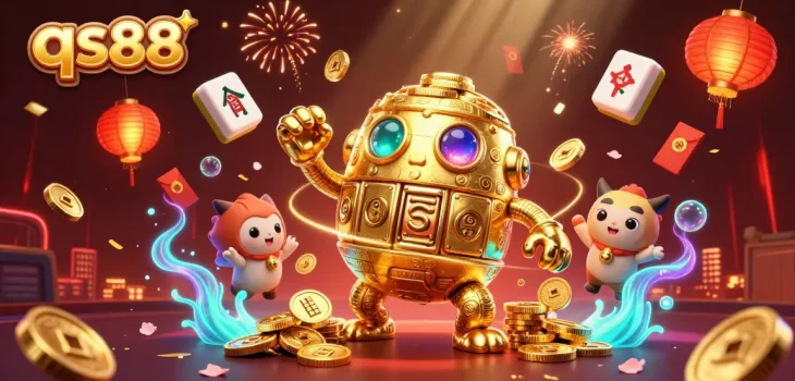 Experience the thrill of qs88's online gambling with a vibrant 3D illustration of a golden golem and festive elements.