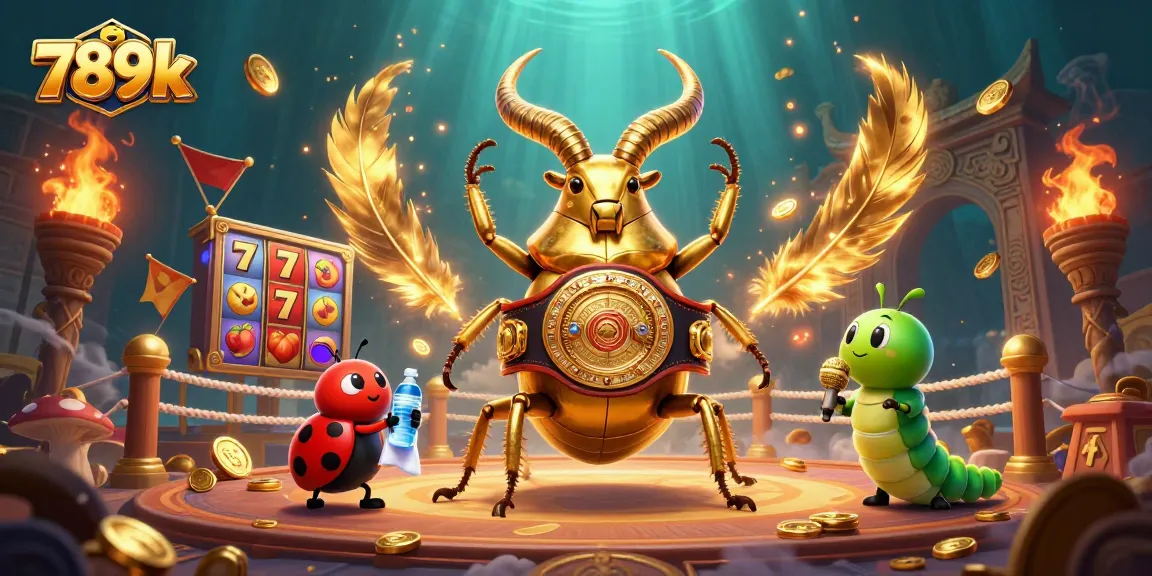 Engage with 789k in this dynamic 3D casino scene showcasing a giant beetle champion amid vibrant slot reels and coins.