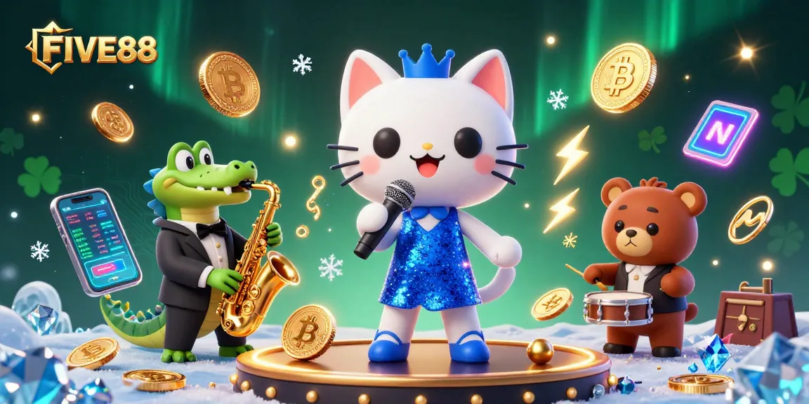 Experience classy gaming at FIVE88 with a lively 3D casino scene featuring vibrant cartoon characters and dynamic game elements.