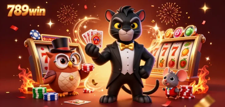 Experience high-stakes gaming at 789win with a stylish panther dealer and festive casino elements.