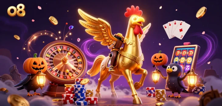 Win big with o8's vibrant golden rooster casino adventures in an enchanting midnight scene.