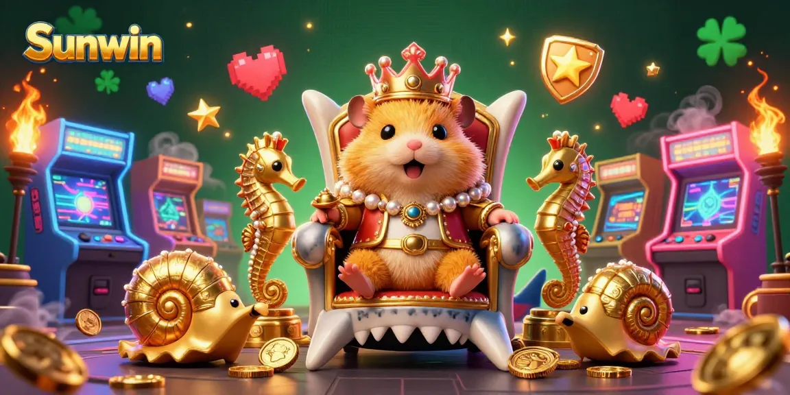 Engage with Sunwin's vibrant gaming world featuring a golden hamster king, surrounded by seahorse guards and arcade machines.