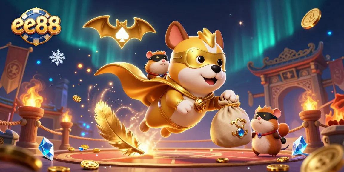 Experience the thrill of ee88 with a superhero dog and hamster amidst a vibrant casino backdrop.