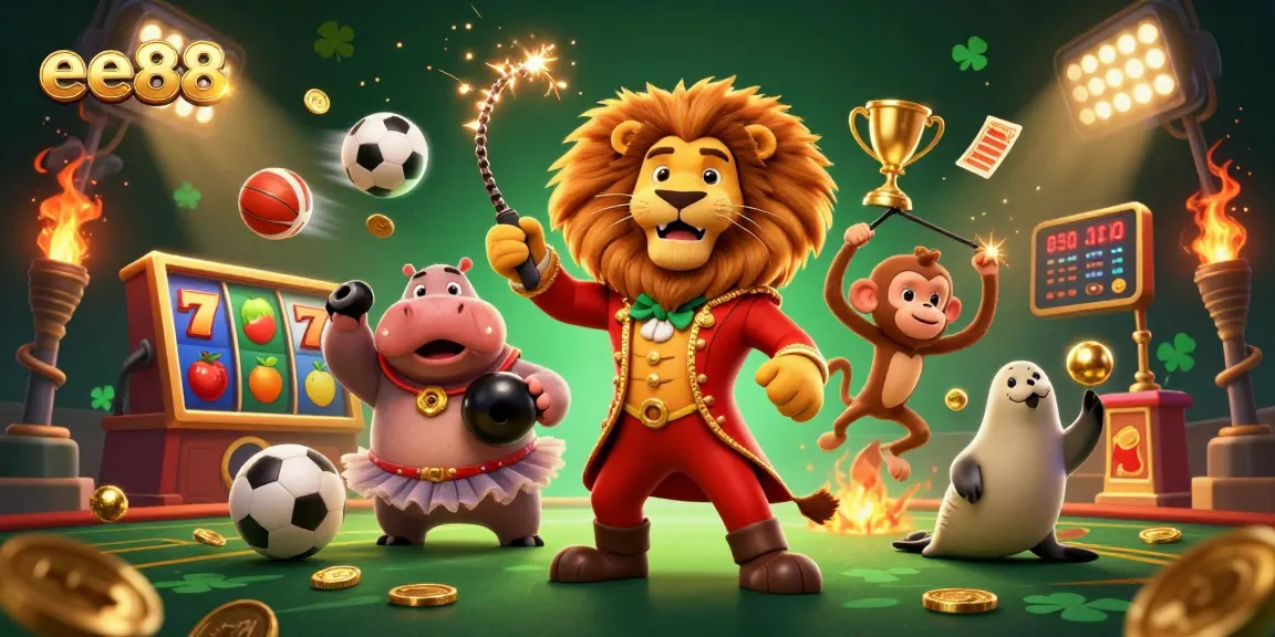 Join the fun at ee88 with vibrant 3D circus characters in a lively casino scene