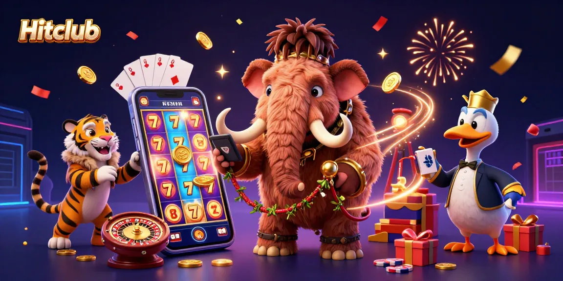 Experience the excitement at Hitclub with vibrant slot reels and cheerful casino characters.