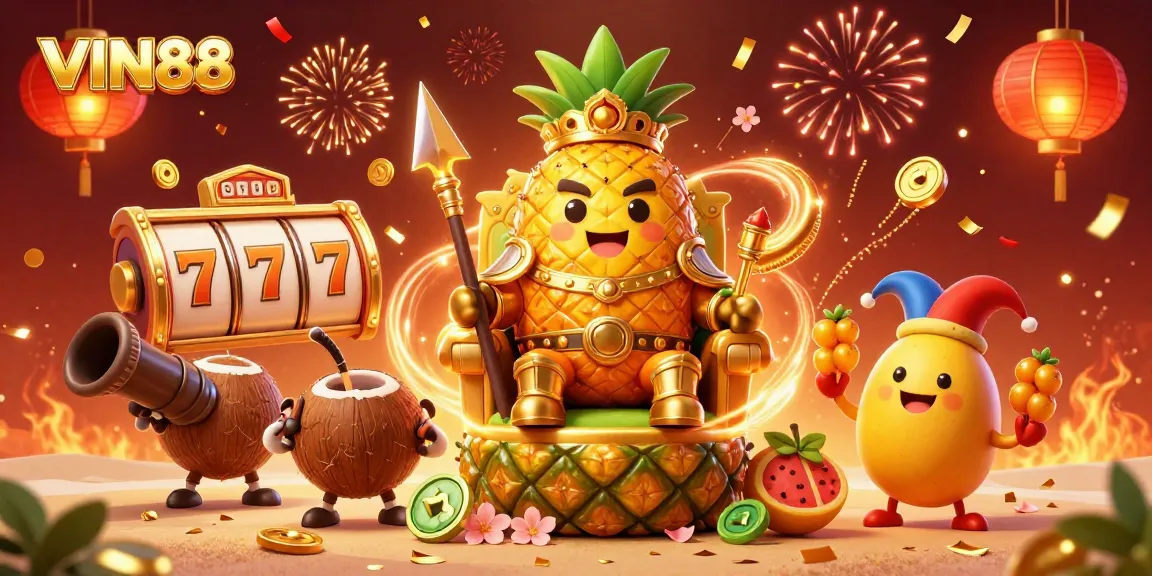 Experience the vibrant energy of VIN88 with a golden pineapple king and dynamic casino elements.