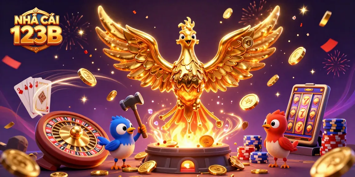 Experience the thrilling ambiance with NHÀ CÁI 123B's dynamic casino scene of golden phoenix and shimmering coins.