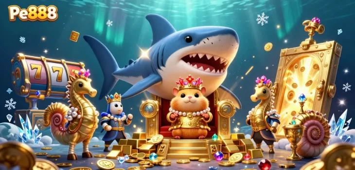 Experience the thrill of Pe888 with a vibrant casino scene featuring a hamster king and treasure around.
